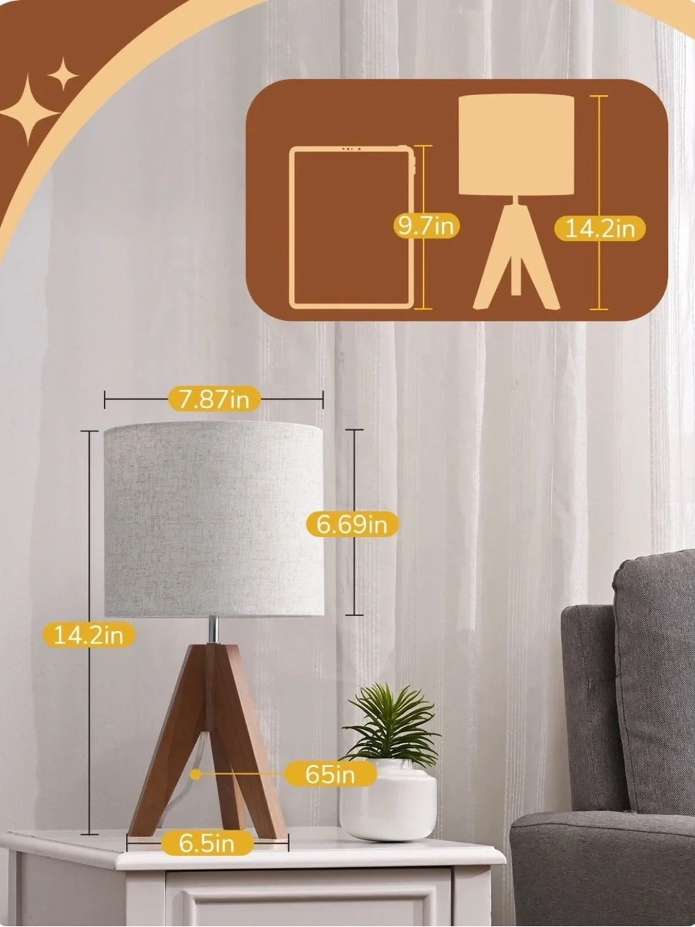 EDISHINE Wood Tripod Small Table Lamp Linen Beige Lampshade, Nightstand Lamp